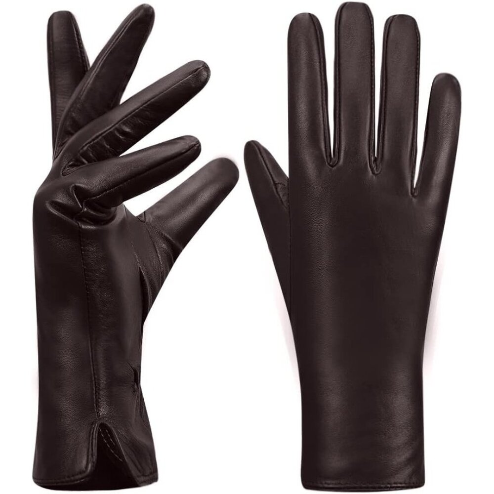 Women's Brown Lambskin Leather Gloves Warm Cashmere Lined Wrist Elasticity